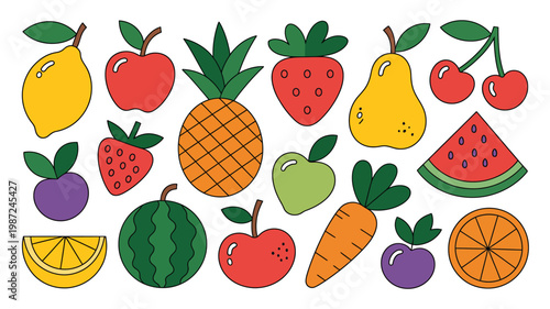 A colorful assortment of various fruits and vegetables are displayed including apples berries citrus and melon high quality professional detailed modern elegant stylish clean crisp vibrant