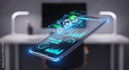 Smartphone with glowing blue graphs and charts on screen in modern office space