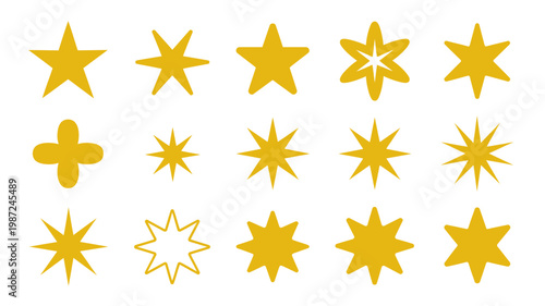 A collection of vibrant yellow stars and starbursts are artfully arranged against a clean white background showcasing diverse designs high quality professional detailed modern elegant stylish