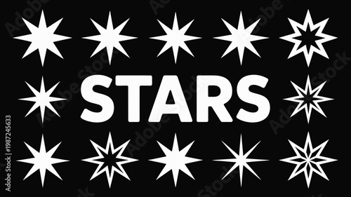 A black background features numerous white stylized stars of varying point counts surrounding the boldly displayed word stars high quality professional detailed modern elegant stylish clean