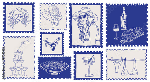 Hand drawn Italian summer holiday post stamps. Coastal postal marks with wine, Mediterranean food, cocktails, bikini. Vector Amalfi Sicily beach holidays elements for poster, placard, postcard print