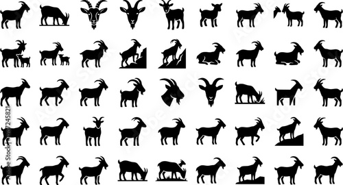 Grazing Goats Icons. Goats grazing. Solid icon set of Goats grazing: standing goat, grazing goat, goat chewing, baby goat, goat with horns, goat head, goat