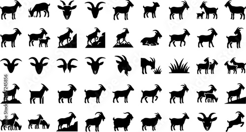 Grazing Goats Icons. Goats grazing. Solid icon set of Goats grazing: standing goat, grazing goat, goat chewing, baby goat, goat with horns, goat head, goat
