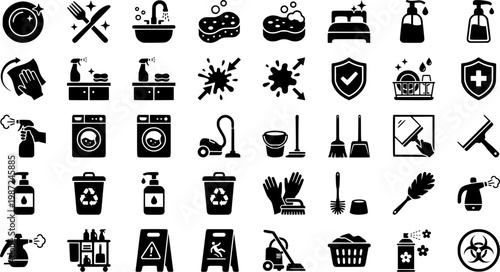 Clean Kitchen Icons. Clean kitchen icons. Solid icon set of Clean kitchen icons: sparkling plate, clean utensils, disinfected sink, fresh sponge, dish rack
