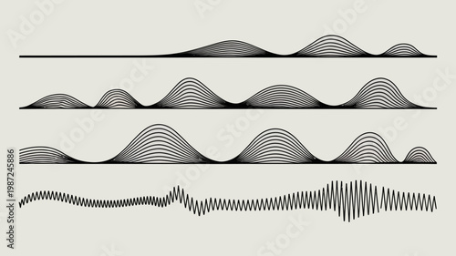 This image depicts three sets of parallel curved lines forming wave patterns showcasing increasing complexity and distortion over time high quality professional detailed modern elegant stylish