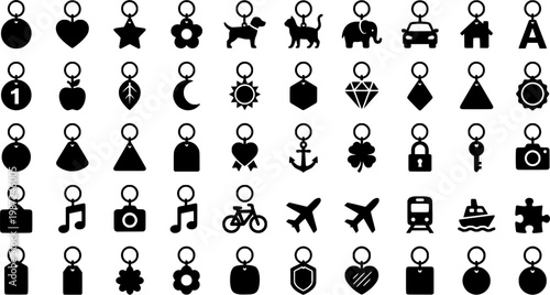 Felt Keychain Icons. Outline icon set of felt keychains and charms: keyring, heart, star, flower, animal, car,
