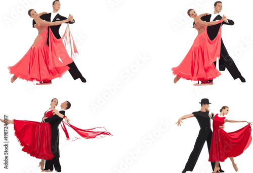 Elegant Ballroom Dance Couple Set with Flowing Red Dresses for Dance Performance and Choreography Illustrations