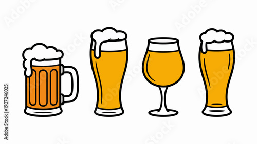 A colorful illustration depicts four different glasses of beer each a unique shape and style filled with a golden liquid and foam high quality professional detailed