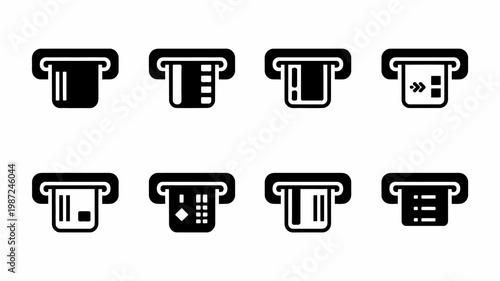 A collection of eight black atm machine icons depicting various card insertion and transaction stages high quality professional detailed modern elegant stylish clean crisp vibrant colorful