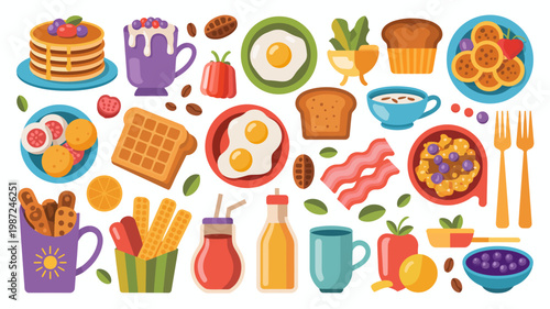 A colorful flat lay illustration depicts a variety of breakfast foods including pancakes fruit eggs and beverages high quality professional detailed modern elegant stylish clean crisp