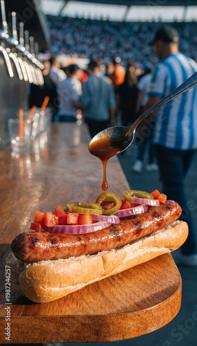 Argentine Choripan Sandwich with Sauce at Football Stadium Street Food Concept