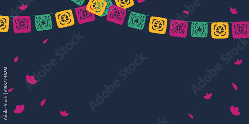 Party banner with papel picado garlands, confetti flowers, blank copy space. Cinco de mayo bunting. Mexican fiesta vector template for invitations, posters, event, sale design on dark background