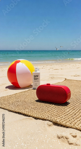 Summer Beach Setup with Sunscreen SPF 50, Portable Speaker and Beach Ball