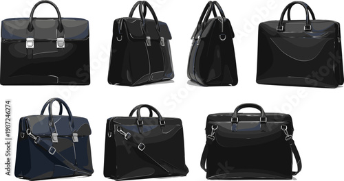 Elegant Black Handbag Set with Multiple Styles and Strap Designs for Fashion and Accessories Illustrations