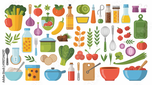 A colorful flat lay illustration depicts a variety of fresh produce cooking ingredients and kitchen utensils arranged on a white background high quality professional detailed modern