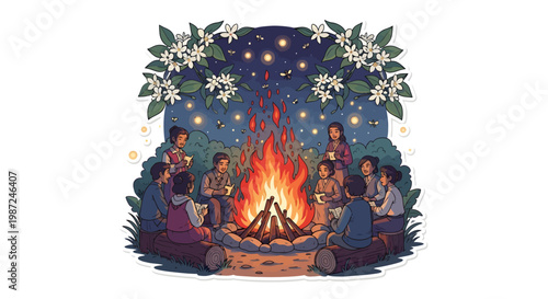 group of friends sitting around campfire at night