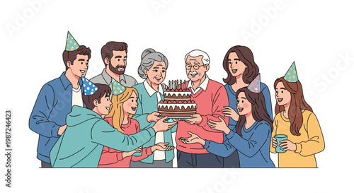 Diverse group of people celebrating birthday with cake and party hats