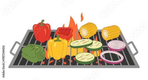 grilled vegetables on barbecue grill with corn