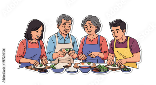 family cooking together at home with aprons on