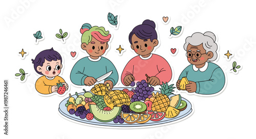 Multi-generational family enjoying fresh fruit together happily