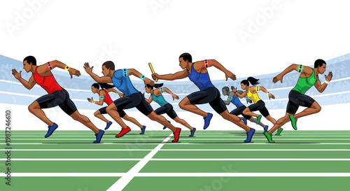 athletes running on green track with baton exchange