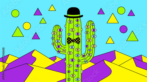 Surreal Multi Eyed Desert Cactus In Bowler Hat Pop Surrealism Flat Illustration With Bold Outlines