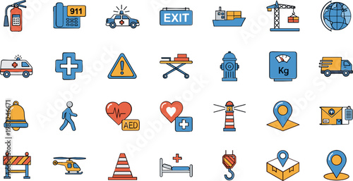 Emergency and Safety Icon Set Featuring Fire, Medical, Traffic, and Warning Symbols for Health, Safety, and Emergency Services Designs