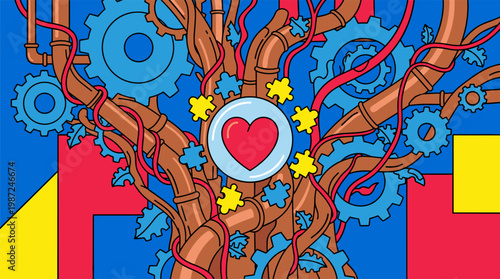 Mechanical Tree with Gear Leaves and Heart Center Pop Surrealism Flat Illustration with Bold Outlines