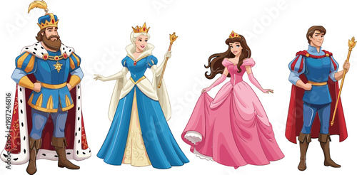 Fairytale Royalty Set Featuring King, Queen, and Princess with Regal Attire for Fantasy, Storybook, and Children's Illustration Designs