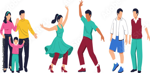 Family and Dance Illustration Set Featuring Parent-Child Bond, Couples Dancing, and Active Figures for Family, Fun, and Celebration Themes