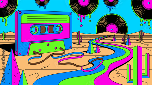 Retro Cassette Tape Desert Landscape With Unspooling Tape River Pop Surrealism Flat Illustration With Bold Outlines