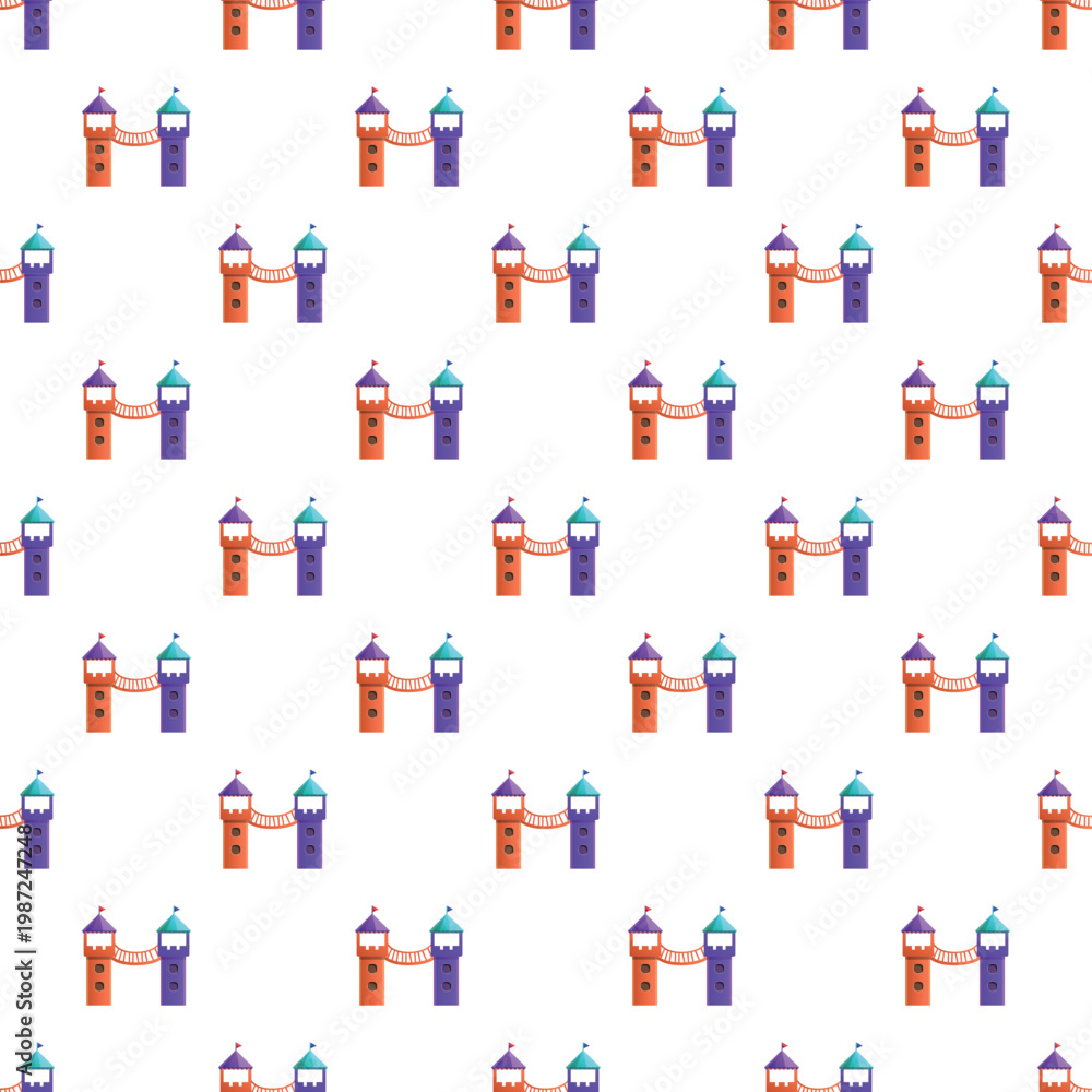 Naklejka premium Repeating illustration of abstract small castles with bridges and flags