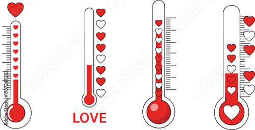 Love Thermometer Set with Heart Level Indicators Representing Emotion, Romance, Relationship Intensity, and Valentine Concept in Creative Vector Illustration