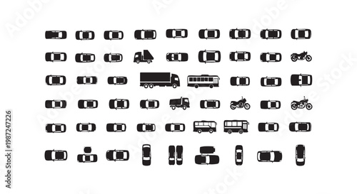 Array of vehicles top view, cars trucks buses motorcycles, traffic, transportation concept, cityscape, illustration.
