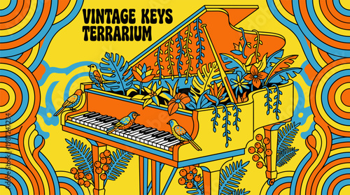 Grand Piano Terrarium With Tropical Vines And Exotic Birds Pop Surrealism Flat Illustration With Bold Outlines