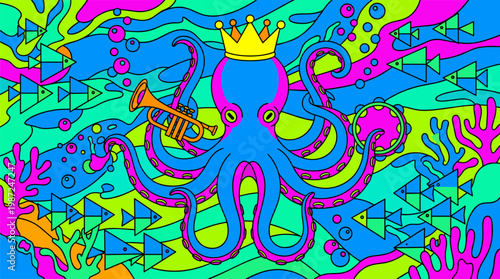 Musical Octopus Wearing Crown in Underwater Scene Pop Surrealism Flat Illustration with Bold Outlines