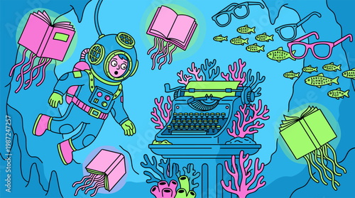 Deep Sea Diver in Underwater Library with Floating Books Pop Surrealism Flat Illustration with Bold Outlines