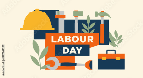 Happy Labour Day Illustration with Tools and Hard Hat, Celebrating Workers and Their Contributions