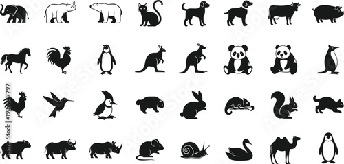African safari and farm wildlife animals silhouette collection with elephant lion panda kangaroo rabbit and penguin vector illustration set isolated on white background for design