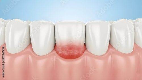 3D illustration of a row of white teeth with red, inflamed gingivitis or periodontal disease affecting the gum tissue
