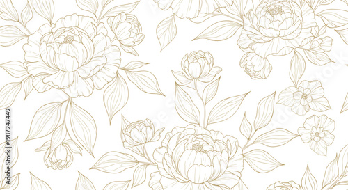 Elegant gold line art peony flowers seamless pattern luxury botanical floral illustration with hand drawn leaves on white background for wedding invitation wallpaper
