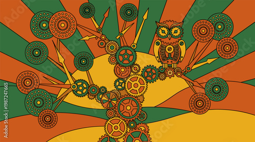 Whimsical Gear Tree with Clockwork Owl Pop Surrealism Flat Illustration with Bold Outlines