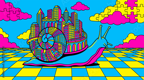 Giant Snail Shell City On Checkered Landscape Pop Surrealism Flat Illustration With Bold Outlines
