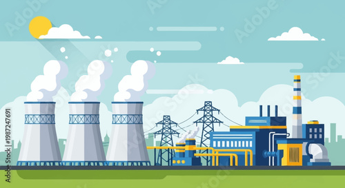 Illustration of a nuclear power plant with cooling towers and power lines.
