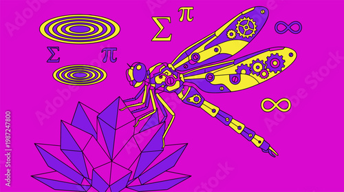 Mechanical Dragonfly On Geometric Flower Pop Surrealism Flat Illustration With Bold Outlines