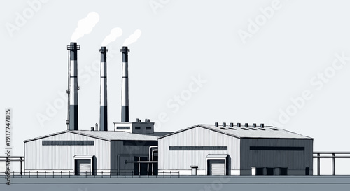 Industrial Power Plant with Smokestacks and Buildings Illustration.