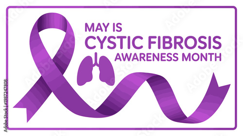 Cystic fibrosis awareness month purple ribbon and lung illustration on white background