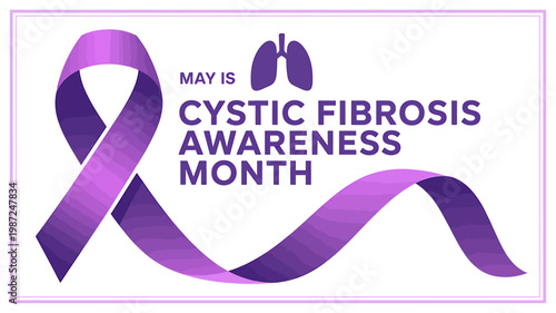 Cystic fibrosis awareness month purple ribbon and lungs on white background