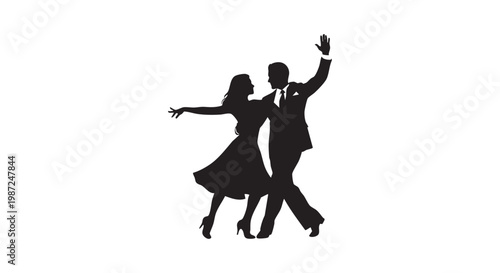 Ballroom dancers silhouette couple performing romantic tango or waltz dance movement for event poster vector illustration.