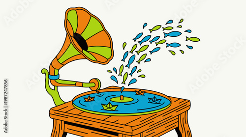 Vintage Gramophone With Water Pool Record And Paper Boats Pop Surrealism Flat Illustration With Bold Outlines